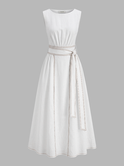 Cotton Linen Sleeveless Belted Midi Dress