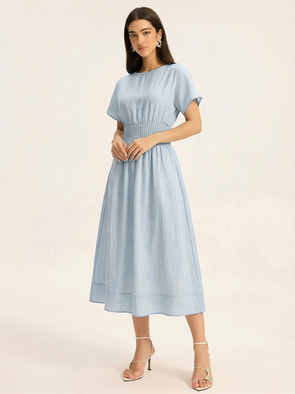 Short Sleeve Smocked Waist Midi Dress