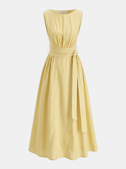 Cotton Linen Sleeveless Belted Midi Dress