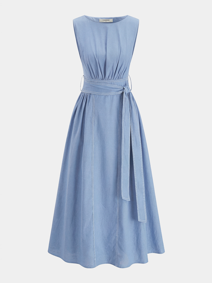 Cotton Linen Sleeveless Belted Midi Dress