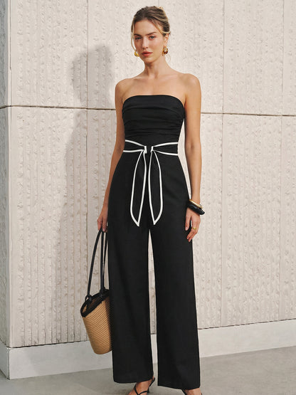 Linen-Blend Strapless Tie-Waist Wide Leg Jumpsuit