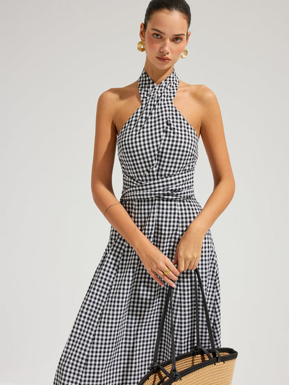 Gingham Halter Cotton Maxi Dress