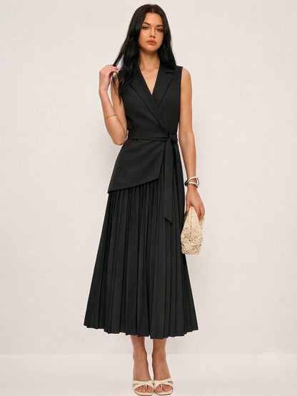 Sleeveless Belted Pleated Blazer Dress