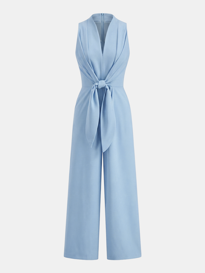 Sleeveless V-Neck Tie Waist Wide-Leg Jumpsuit