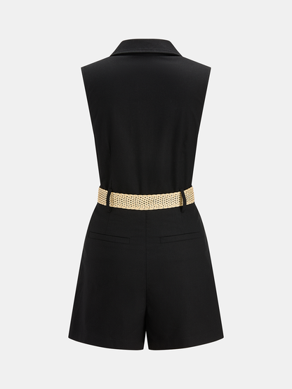 Linen Blend Belted Sleeveless Romper