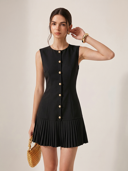Metal Detail Sleeveless Slim Fit Pleated Mini Dress