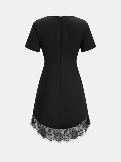 Short Sleeve Twist Waist Lace Hem Mini Dress