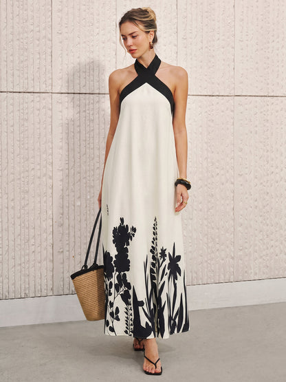 Halter Neck Floral Print Midi Dress