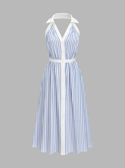 Striped Cotton Blend Collared Halter Midi Dress