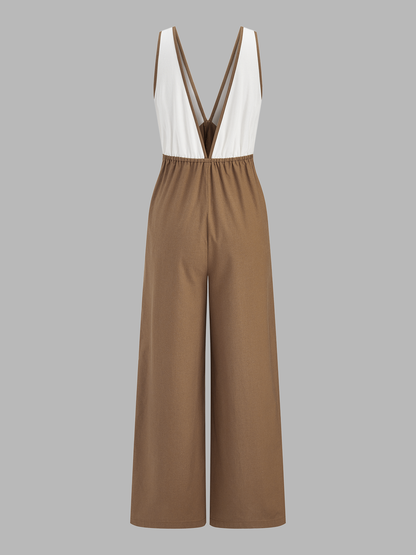 Color-Block Cotton Linen Wide Leg Jumpsuit