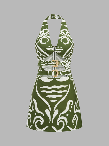 Printed Halter Cut Out Mini Dress