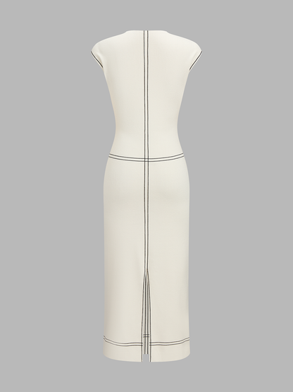 Fitted Sleeveless Contrast Stitch Knit Midi Dress