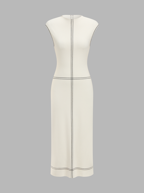 Fitted Sleeveless Contrast Stitch Knit Midi Dress