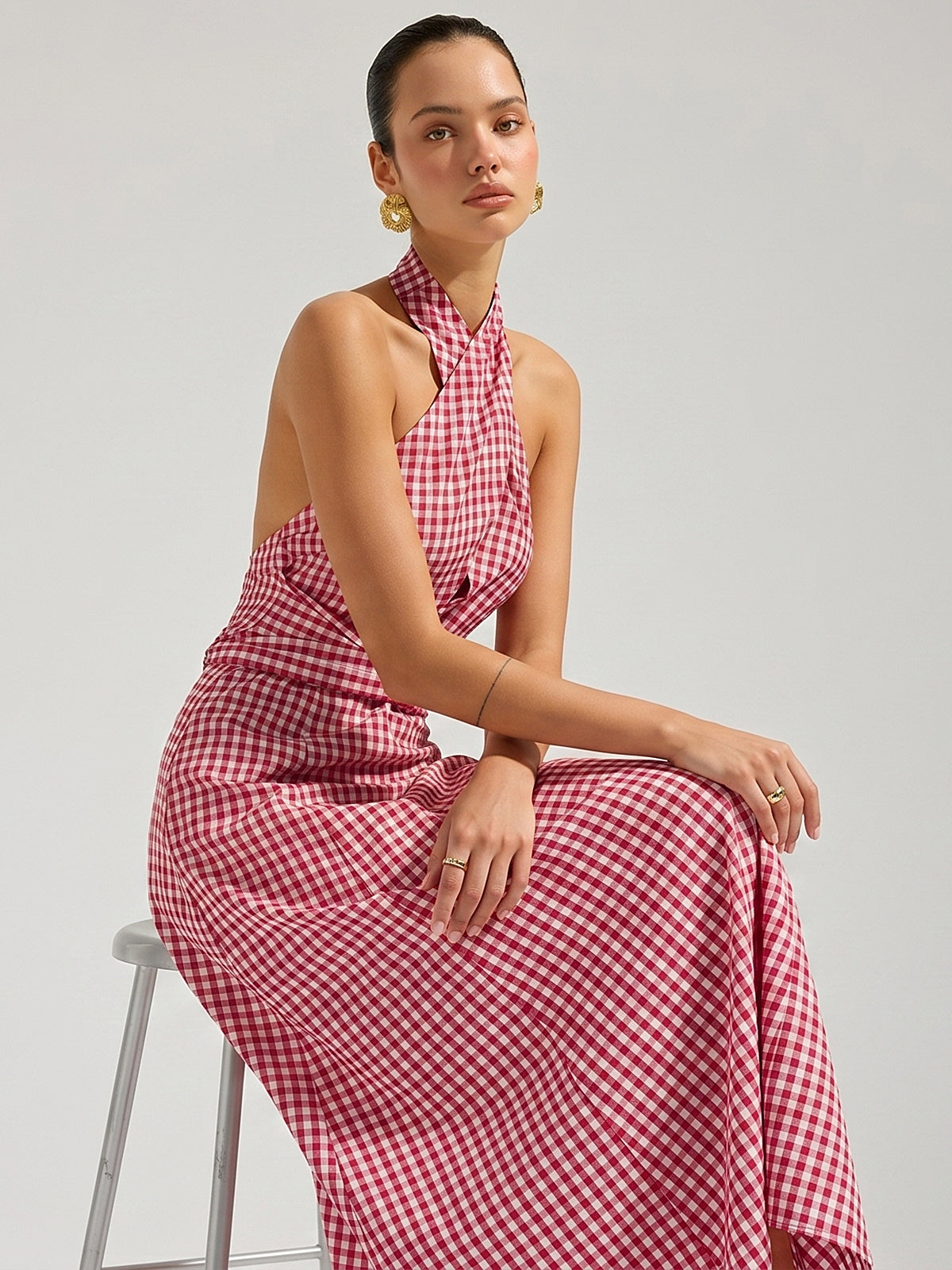 Gingham Halter Cotton Maxi Dress