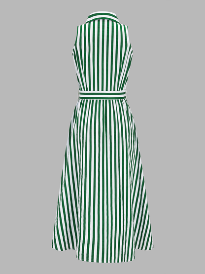 Striped Sleeveless Cotton Belted Midi Dress