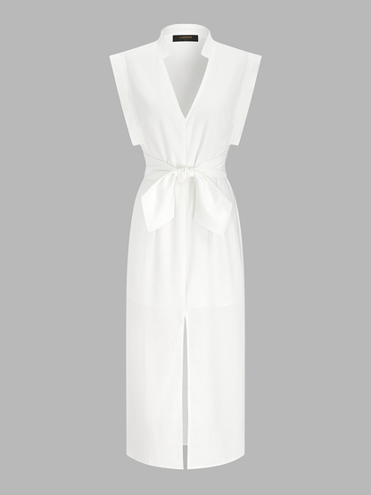 Cotton-Linen Sleeveless V-Neck Bow Split Dress