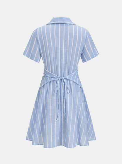 Striped Cotton Linen Short Sleeve Shirt Dress
