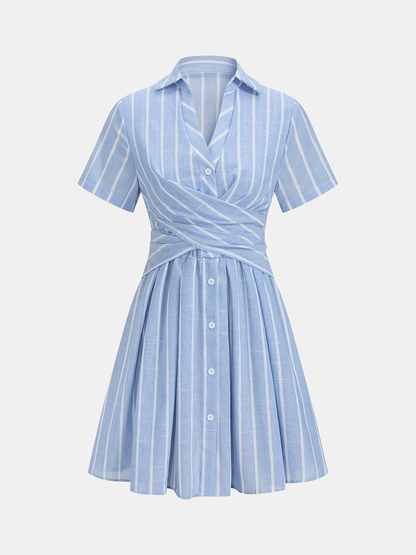 Striped Cotton Linen Short Sleeve Shirt Dress