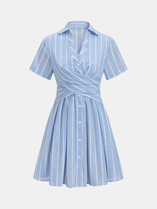 Striped Cotton Linen Short Sleeve Shirt Dress