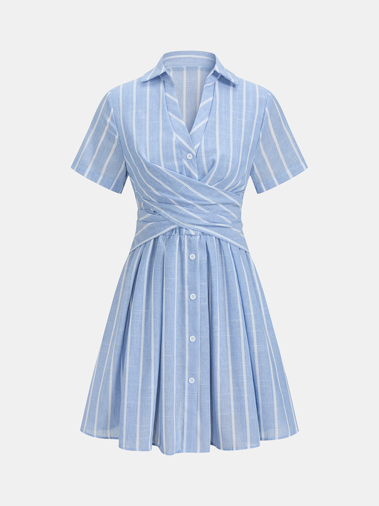 Striped Cotton Linen Short Sleeve Shirt Dress