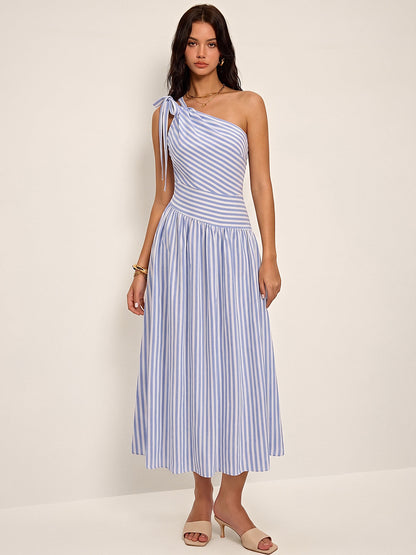 One Shoulder Striped Cotton Blend Maxi Dress