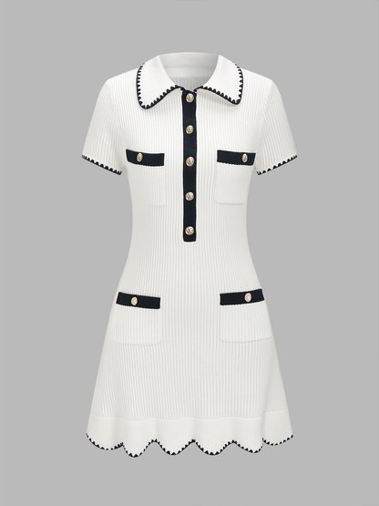 Polo Collar Contrast Trim Ribbed Knit Mini Dress