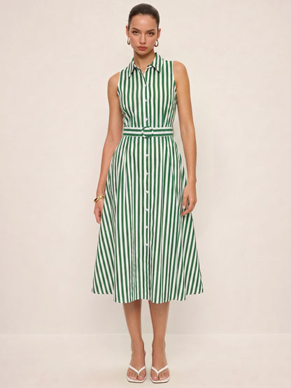 Striped Sleeveless Cotton Belted Midi Dress