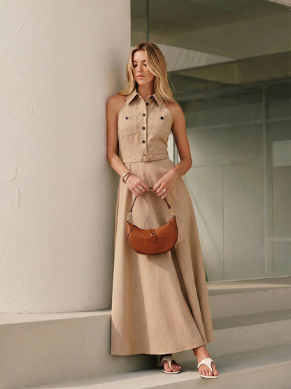 Collared Halter Backless Belted Maxi Dress