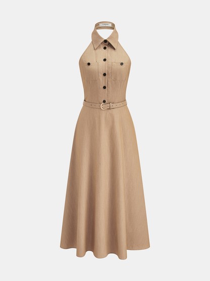 Collared Halter Backless Belted Maxi Dress