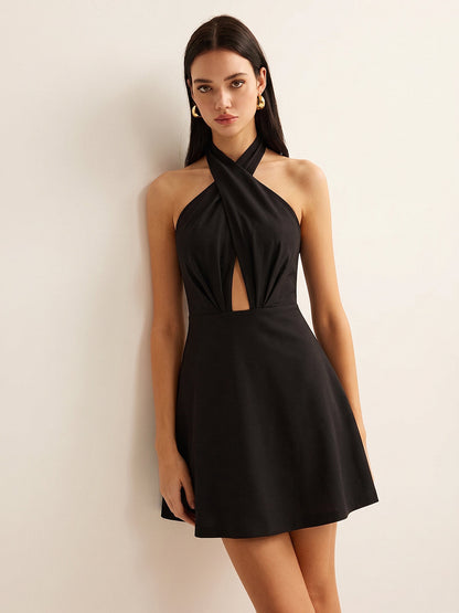 Cross Halter Cotton Linen Mini Dress