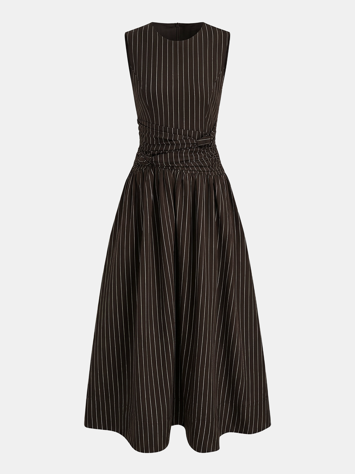 Cotton Blend Striped Ruched Sleeveless Maxi Dress
