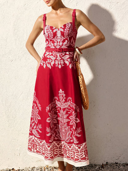 Baroque Floral Print Belted Cami Maxi Dress