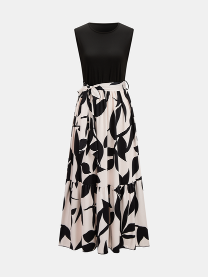 Sleeveless Leaf Print Tie Waist Maxi Dress