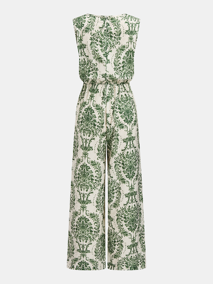 Sleeveless Damask Print Wide Leg Jumpsuit