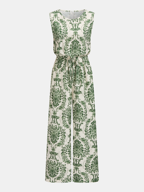 Sleeveless Damask Print Wide Leg Jumpsuit