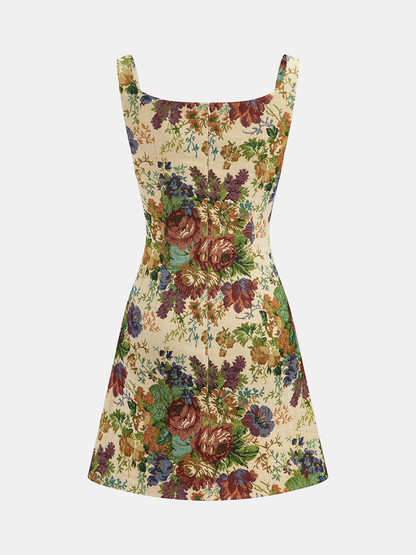 Vintage Floral Tapestry Square Neck Mini Dress