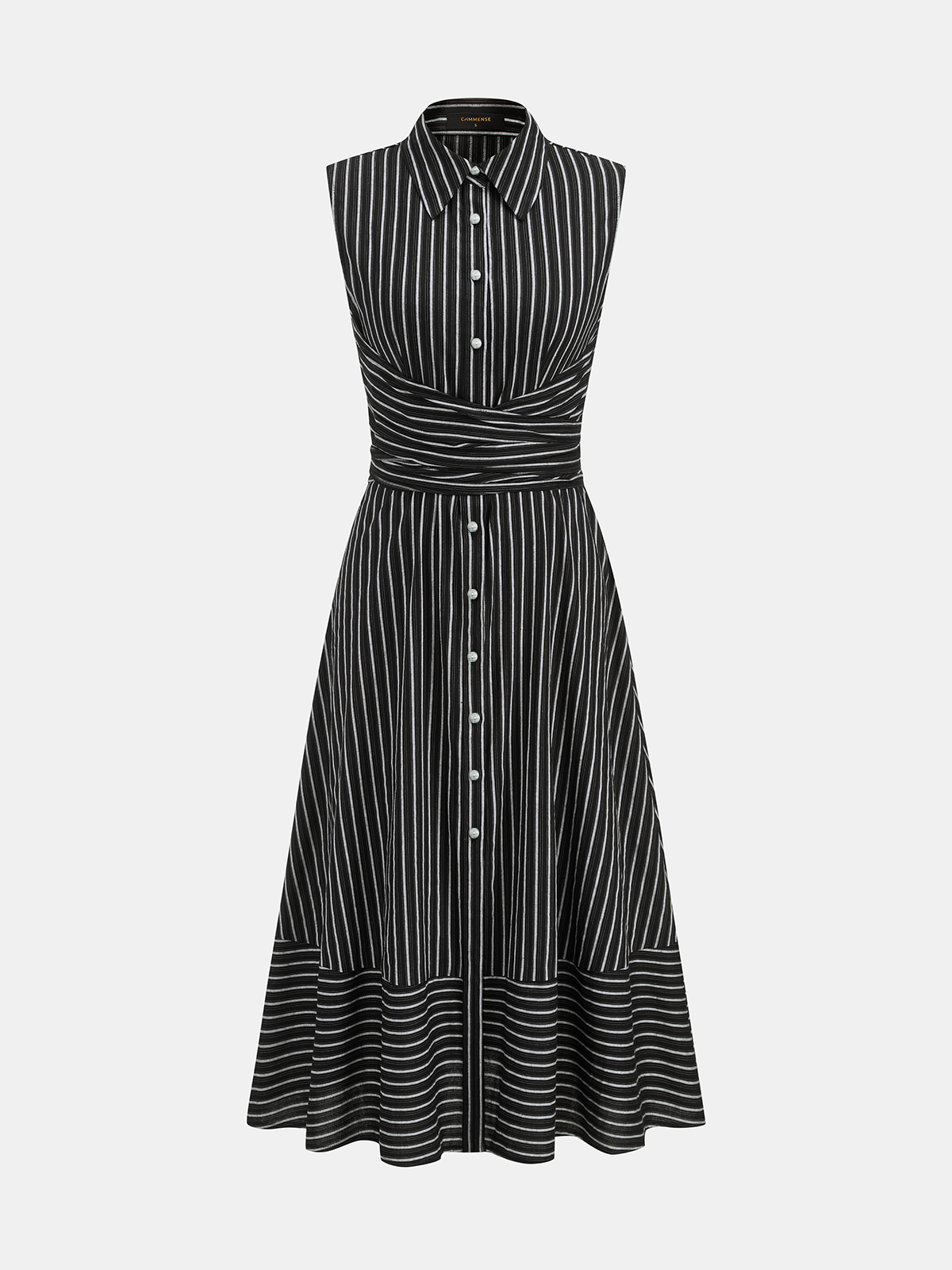 Striped Collared Sleeveless Tie Waist Midi Dress