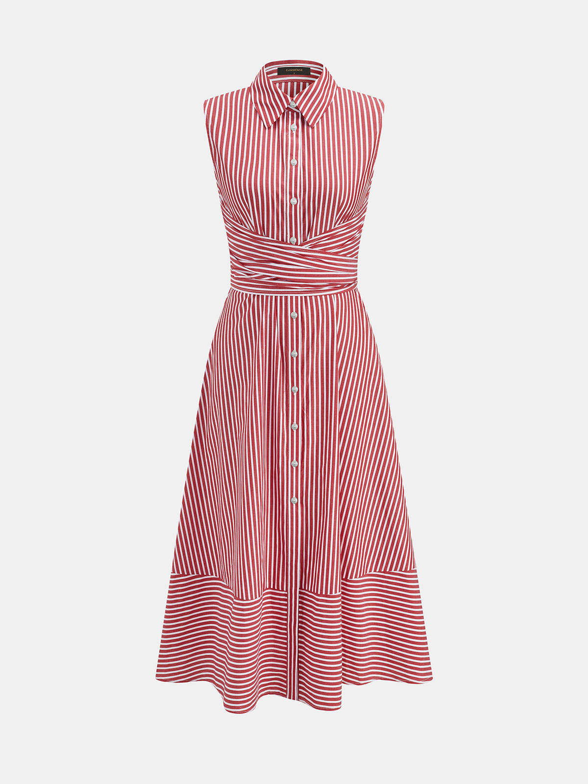 Striped Collared Sleeveless Tie Waist Midi Dress