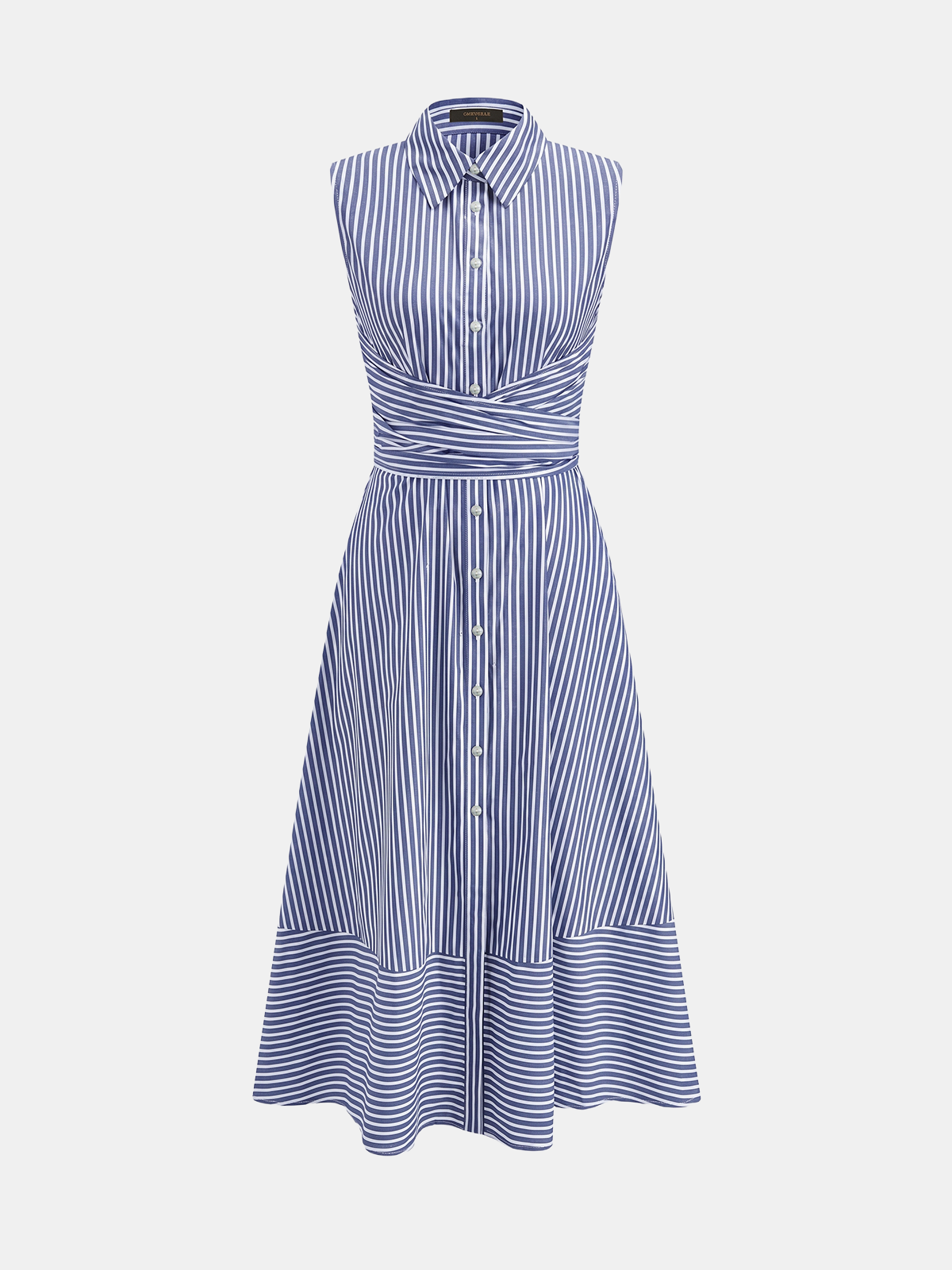 Striped Collared Sleeveless Tie Waist Midi Dress