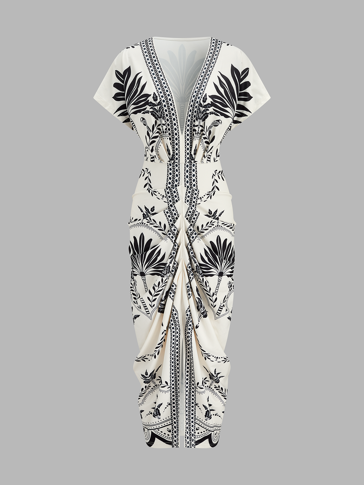 Palm Leaf Print Deep V Neck Maxi Dress