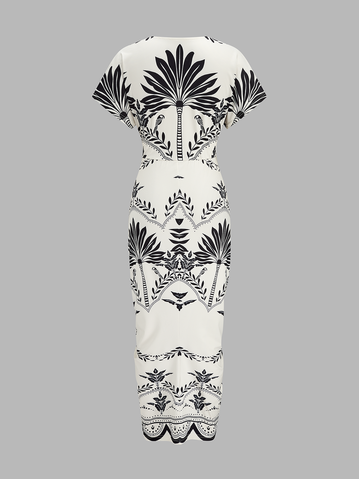 Palm Leaf Print Deep V Neck Maxi Dress