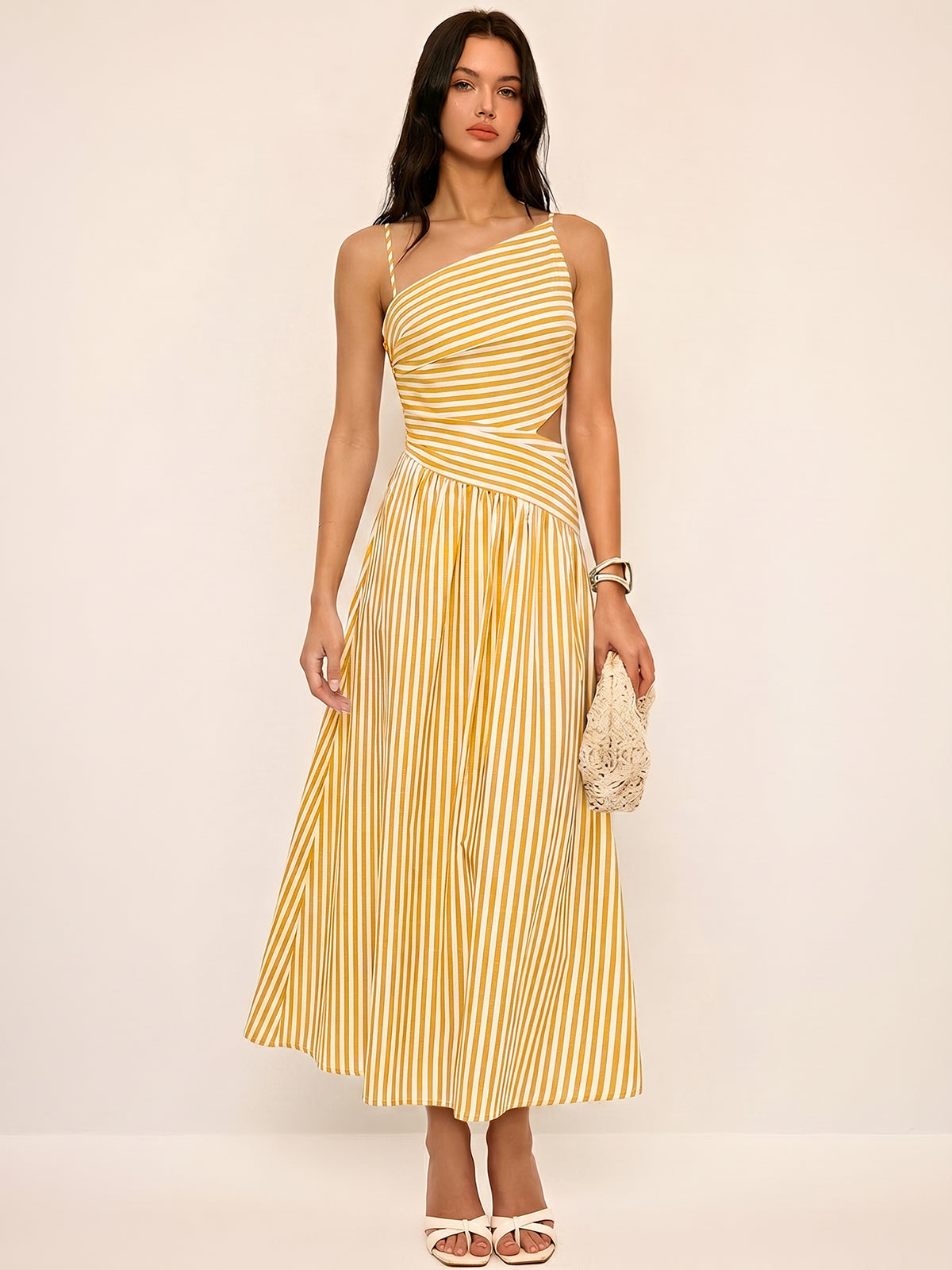 Striped Cut-Out Asymmetric Cami Maxi Dress