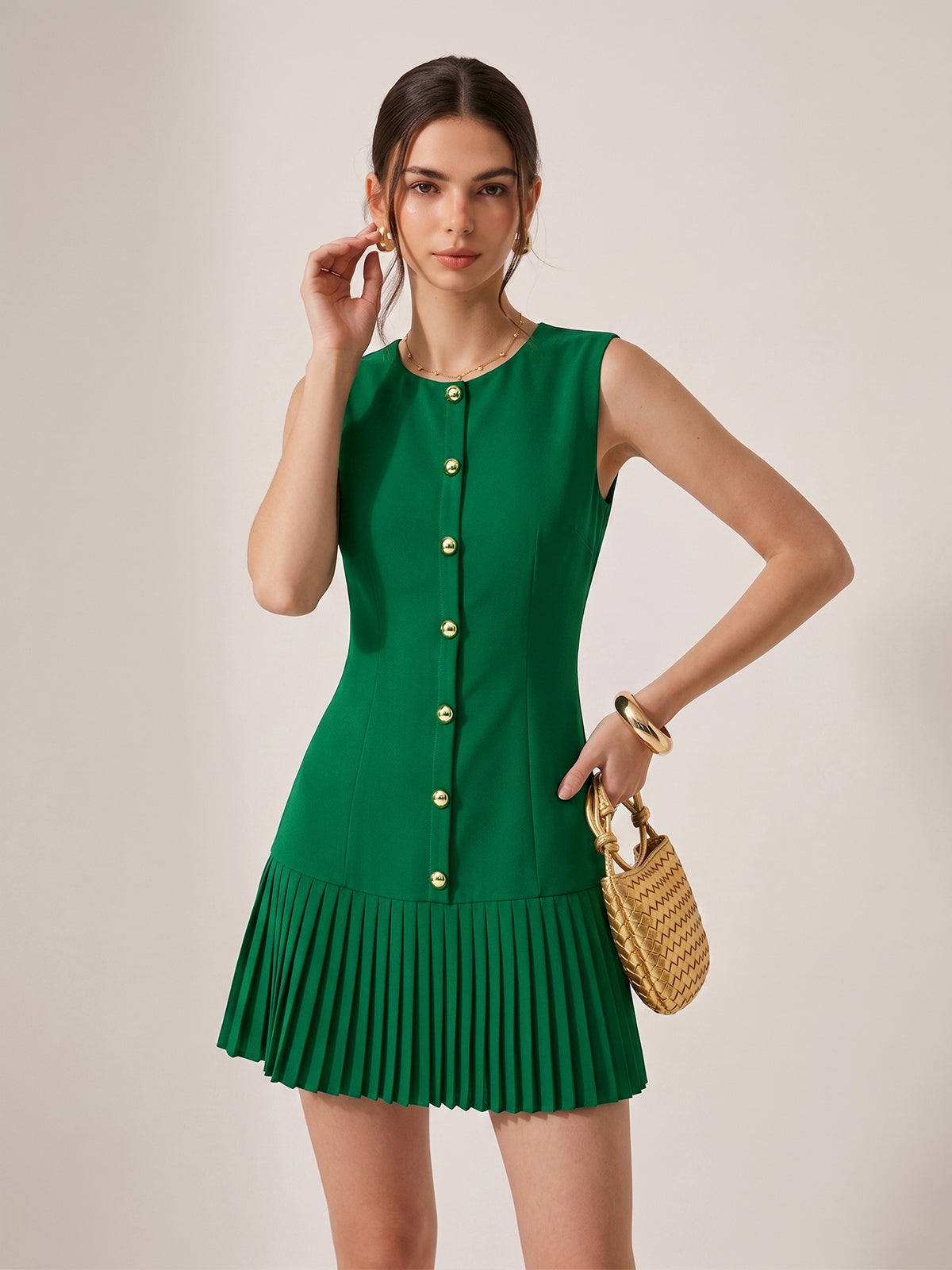 Metal Detail Sleeveless Slim Fit Pleated Mini Dress