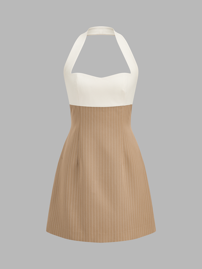 Color Block Halter Pinstripe Mini A-Line Dress