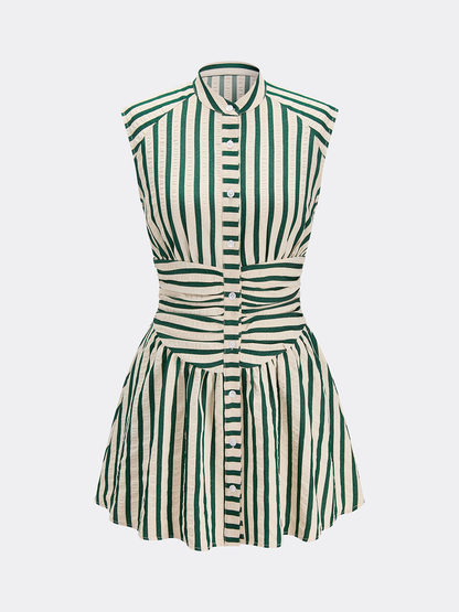 Striped Sleeveless Stand Collar Mini Dress