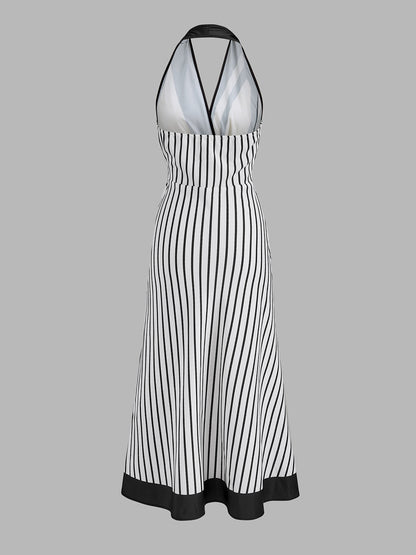 Striped Halter Wrap Maxi Dress