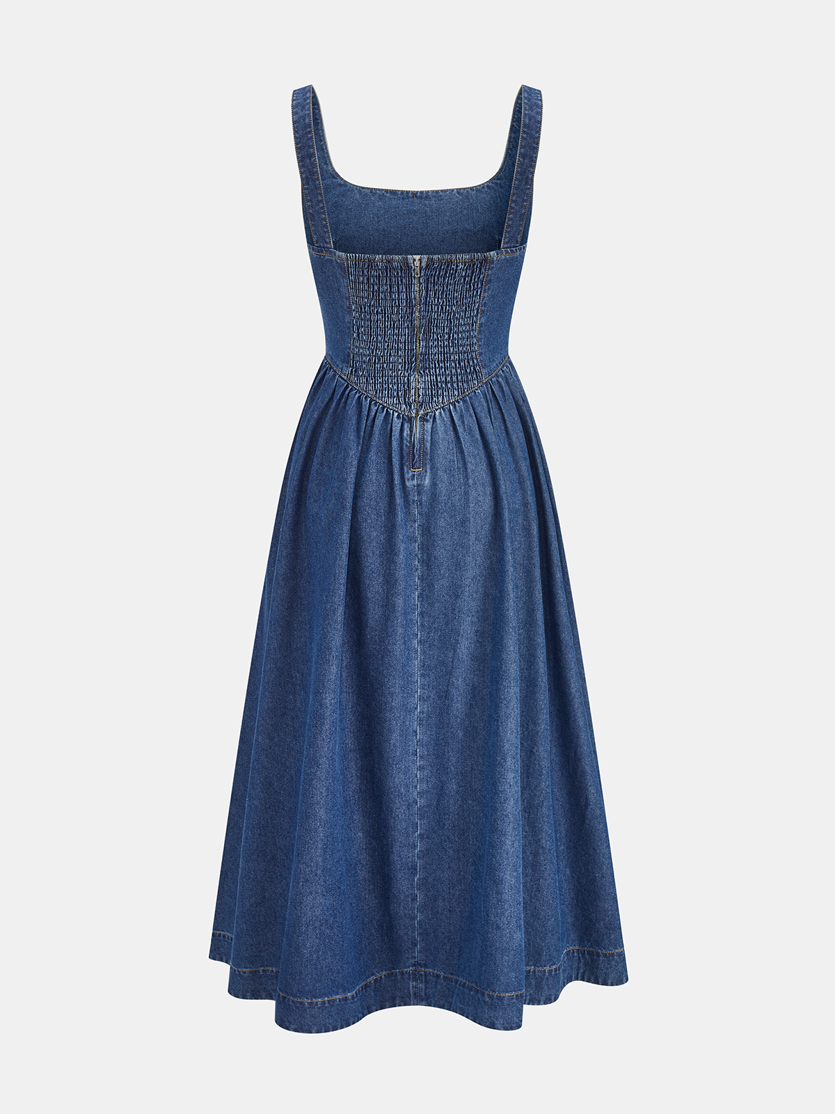 Denim Square Neck Tie Front Midi Dress