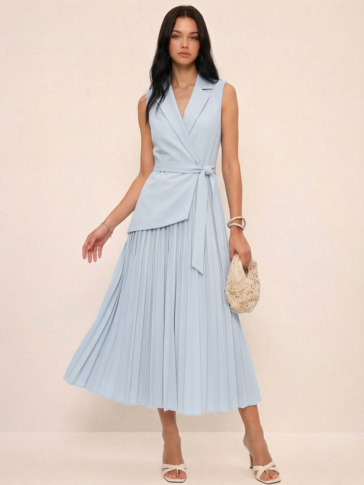 Sleeveless Belted Pleated Blazer Dress