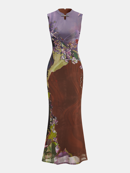 Sleeveless Floral Cheongsam Maxi Dress