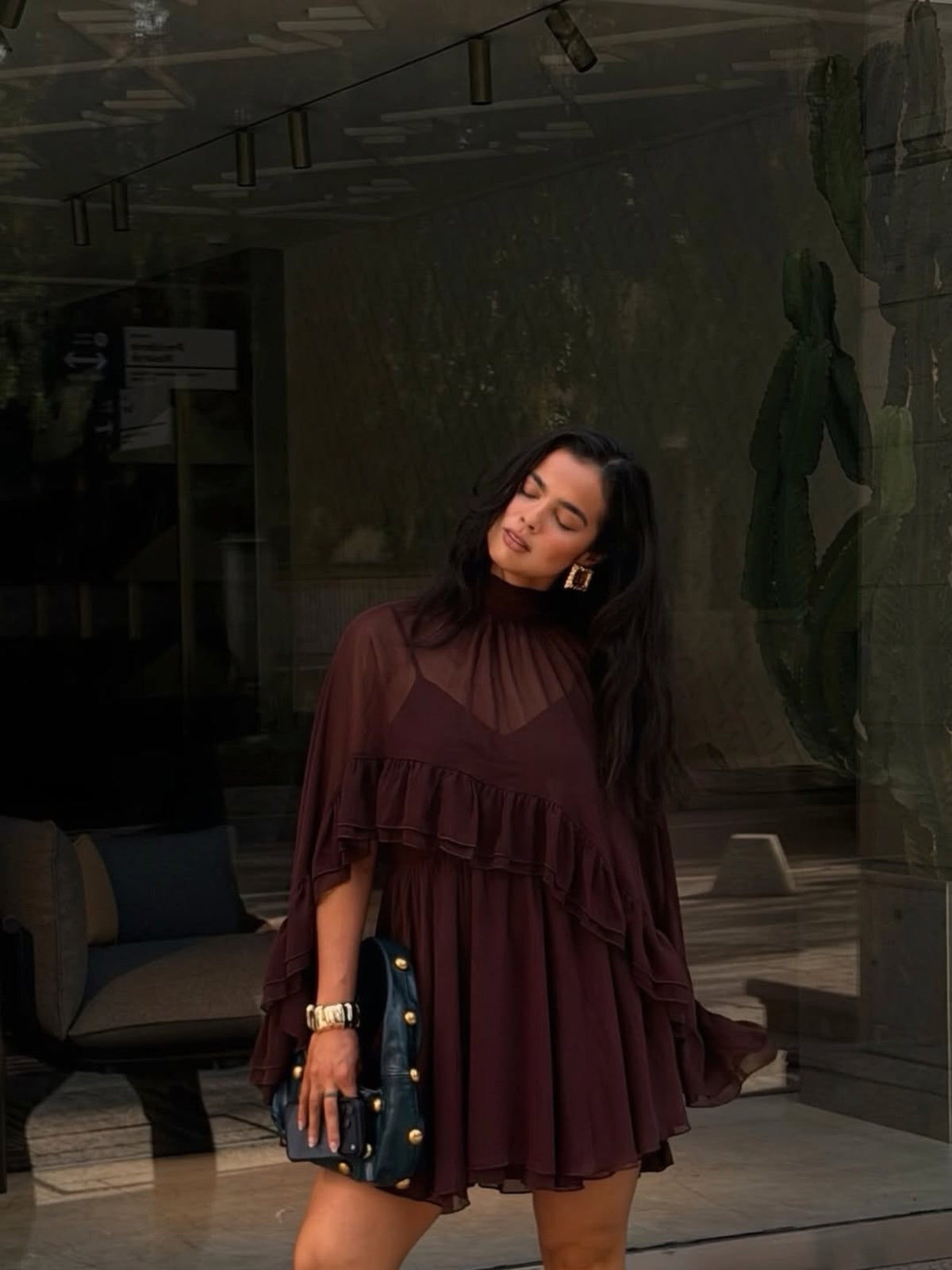 Semi-Sheer Chiffon Ruffle Dress With Outer Cape